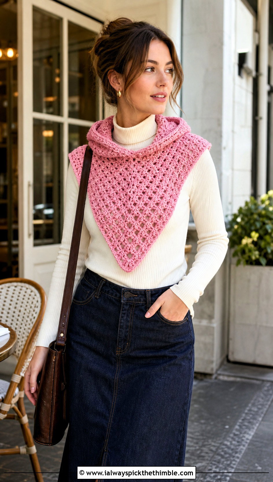 Triangle Front Crochet Hooded Cowl With Denim Skirt - 20 easy crochet hooded cowl outfit ideas
