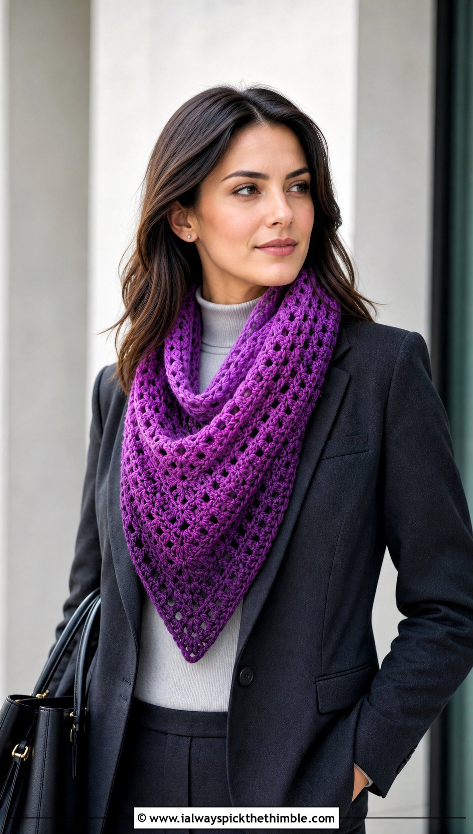 Triangle Gradient Crochet Scarf With Blazer - 20 gradient crochet scarf outfit ideas