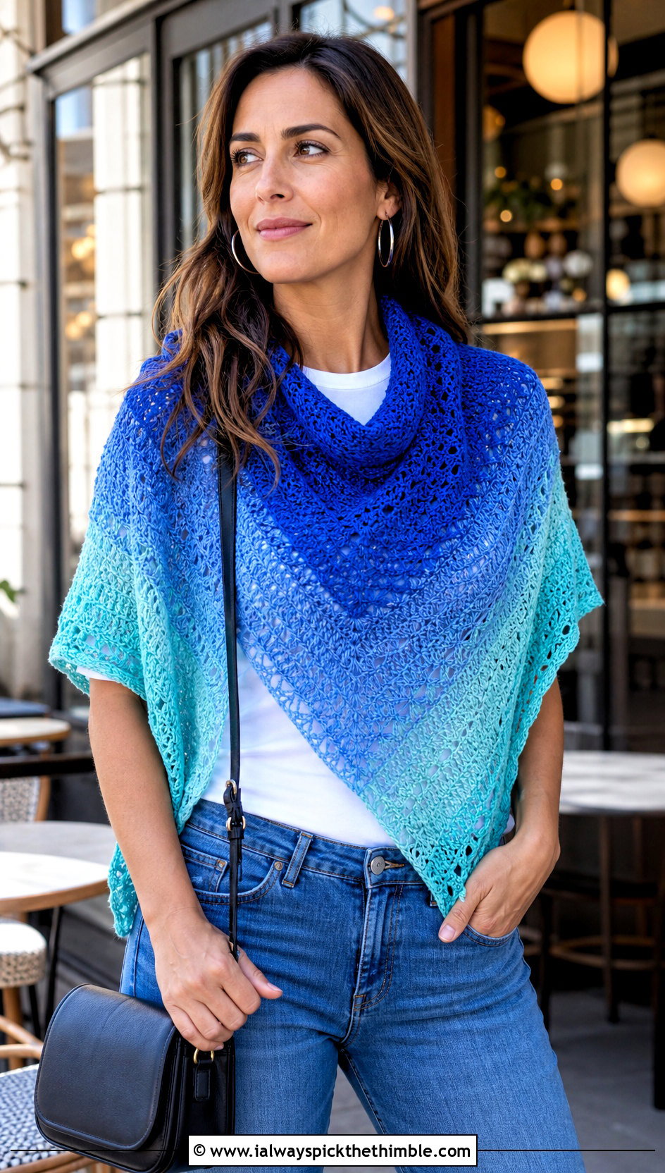Triangle Gradient Shawl With Straight Leg Jeans - 15 Crochet Gradient Shawl outfit ideas