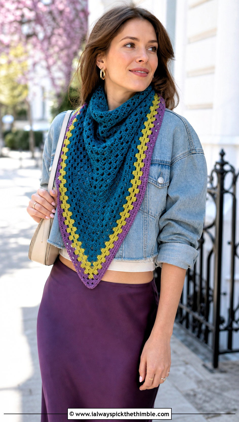 Triangle Granny Crochet Scarf With Denim Jacket And Midi Skirt - 25 granny crochet scarf outfit ideas