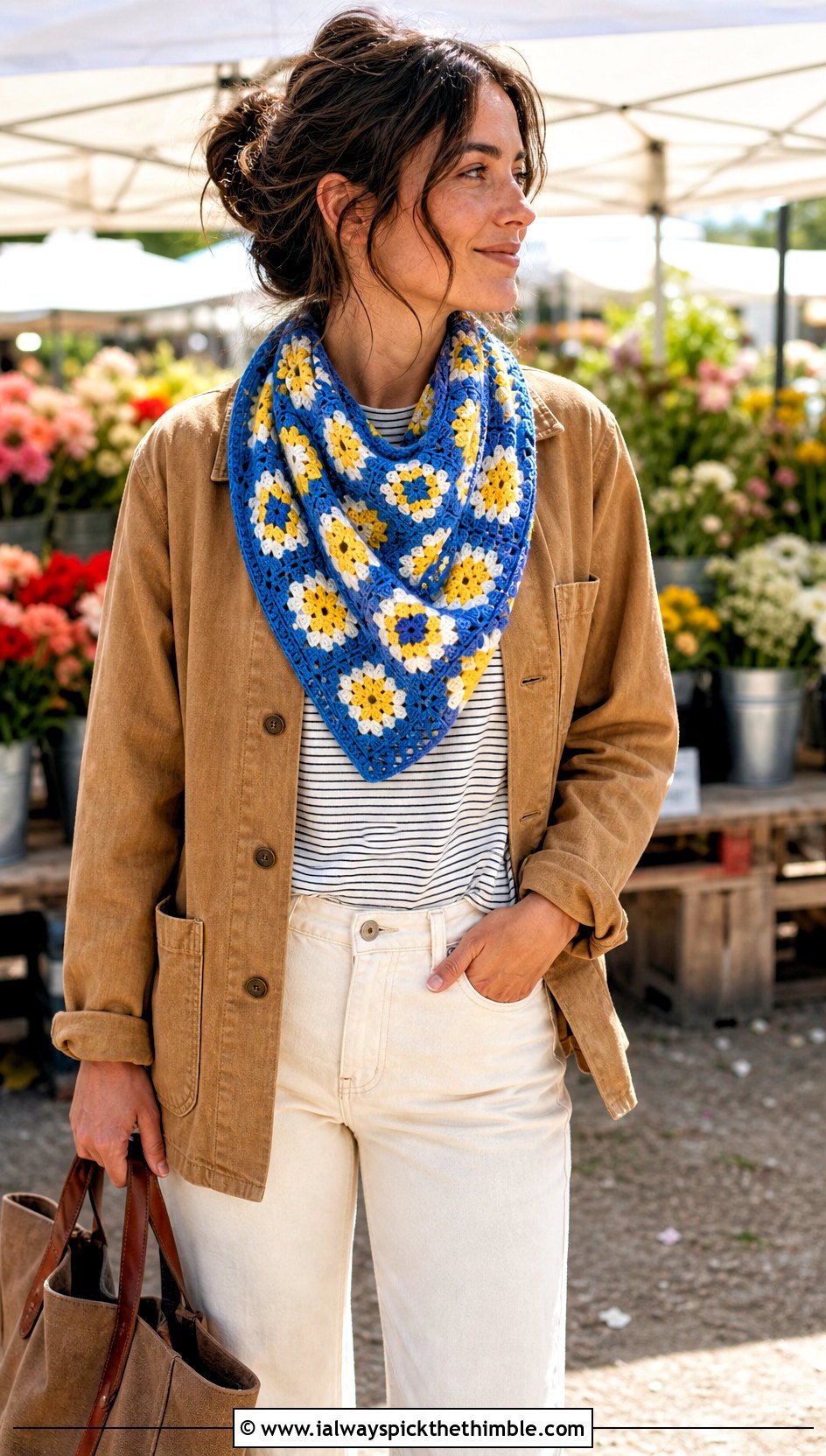 Triangle Granny Square Scarf With Barn Jacket And Ecru Jeans - 25 granny square scarf outfit ideas