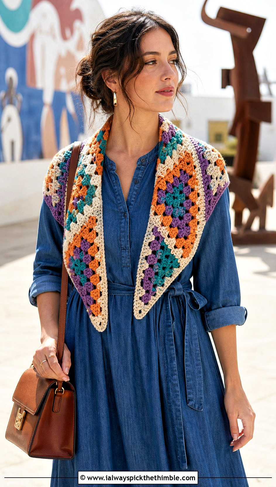 Triangle Granny Square Scarf With Maxi Dress And Western Boots - 20 crochet granny square scarf outfit ideas