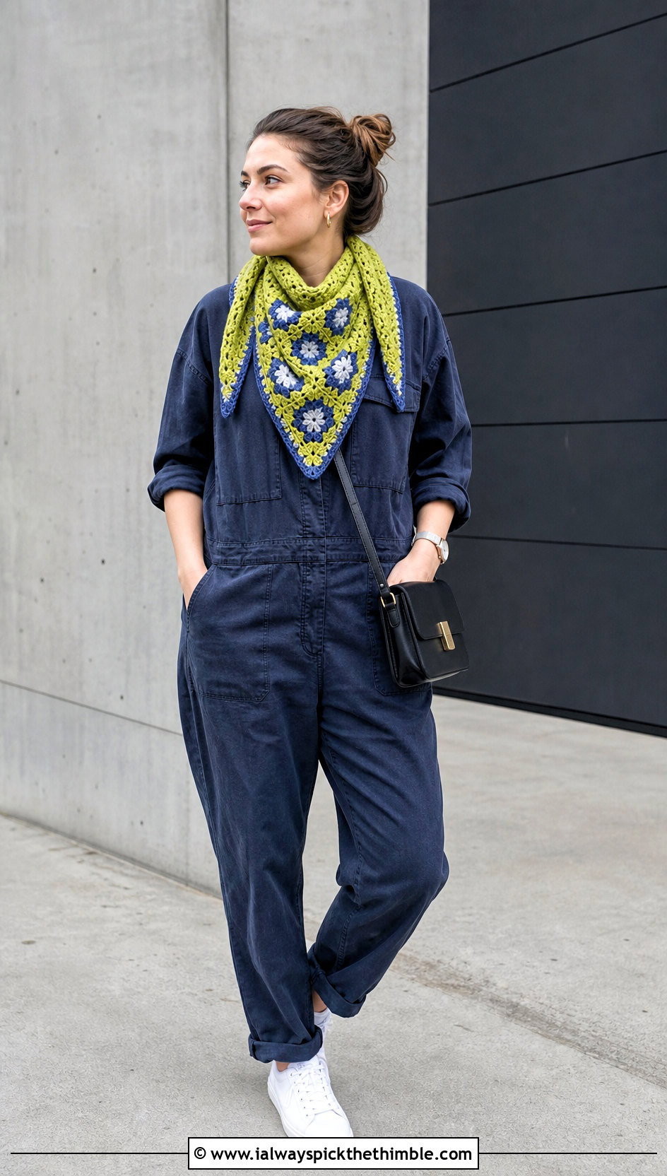 Triangle Granny Square Scarf With Utility Jumpsuit And Sneakers - 20 crochet scarf squares outfit ideas