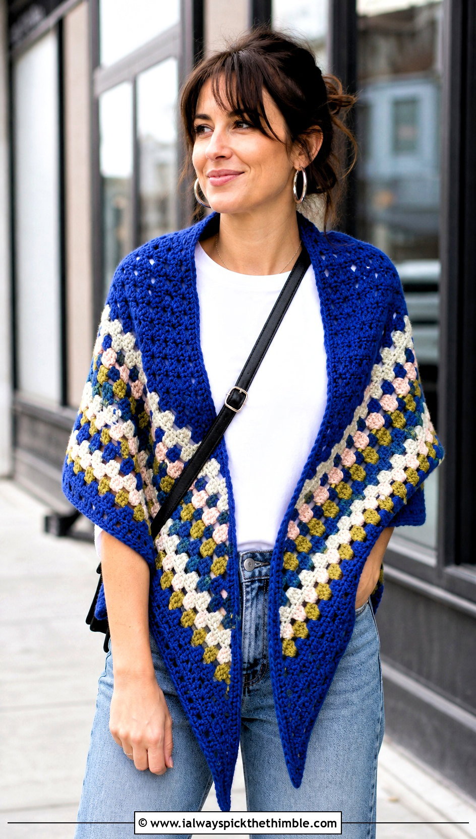 Triangle Granny Square Shawl With Straight Leg Jeans - 25 granny square shawl outfit ideas