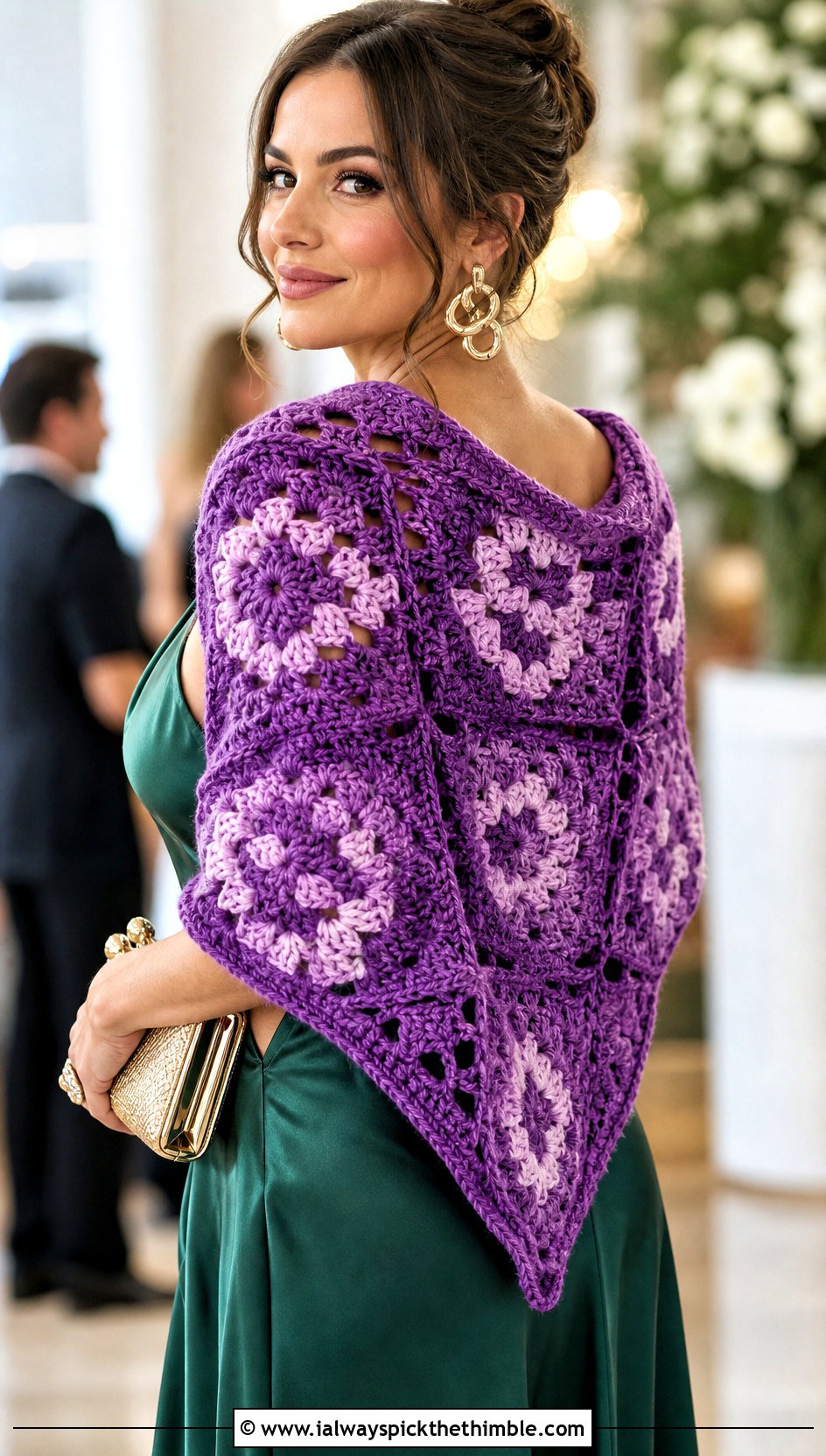 Triangle Granny Square Shawl Wrap With Satin Slip Dress - 20 granny square wrap outfit ideas