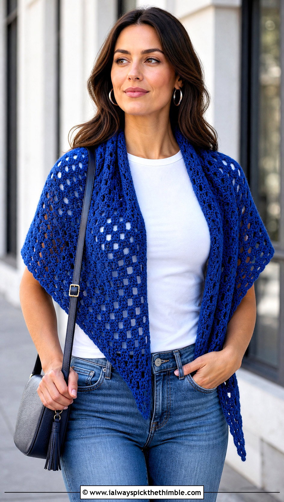 Triangle Granny Stitch Crochet Shawl With Jeans - 15 bright crochet shawl outfit ideas