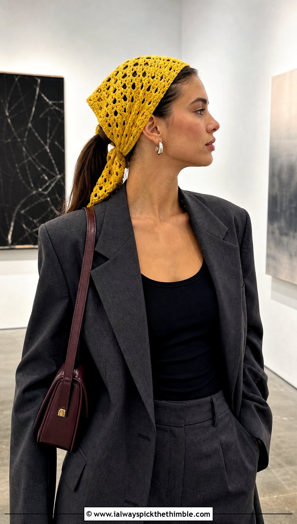 Triangle Granny Stitch Hair Scarf With Oversized Blazer - 25 crochet hair scarf outfit ideas