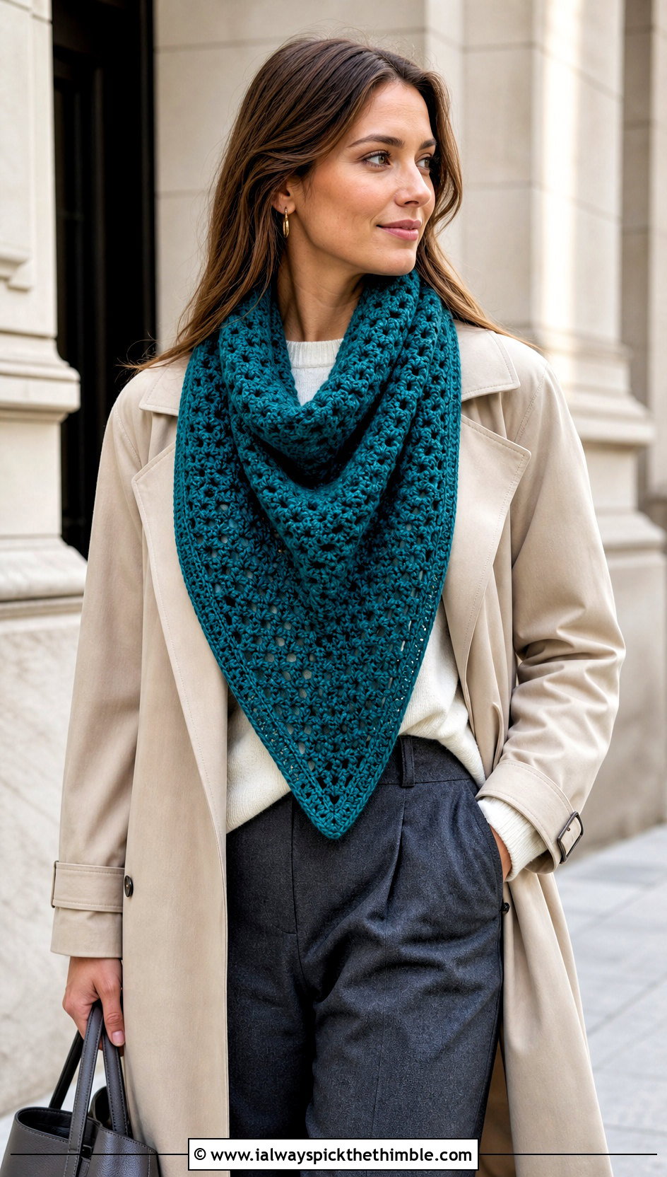 Triangle Granny Stitch Scarf With Trench Coat - 20 crochet granny stitch scarf outfit ideas