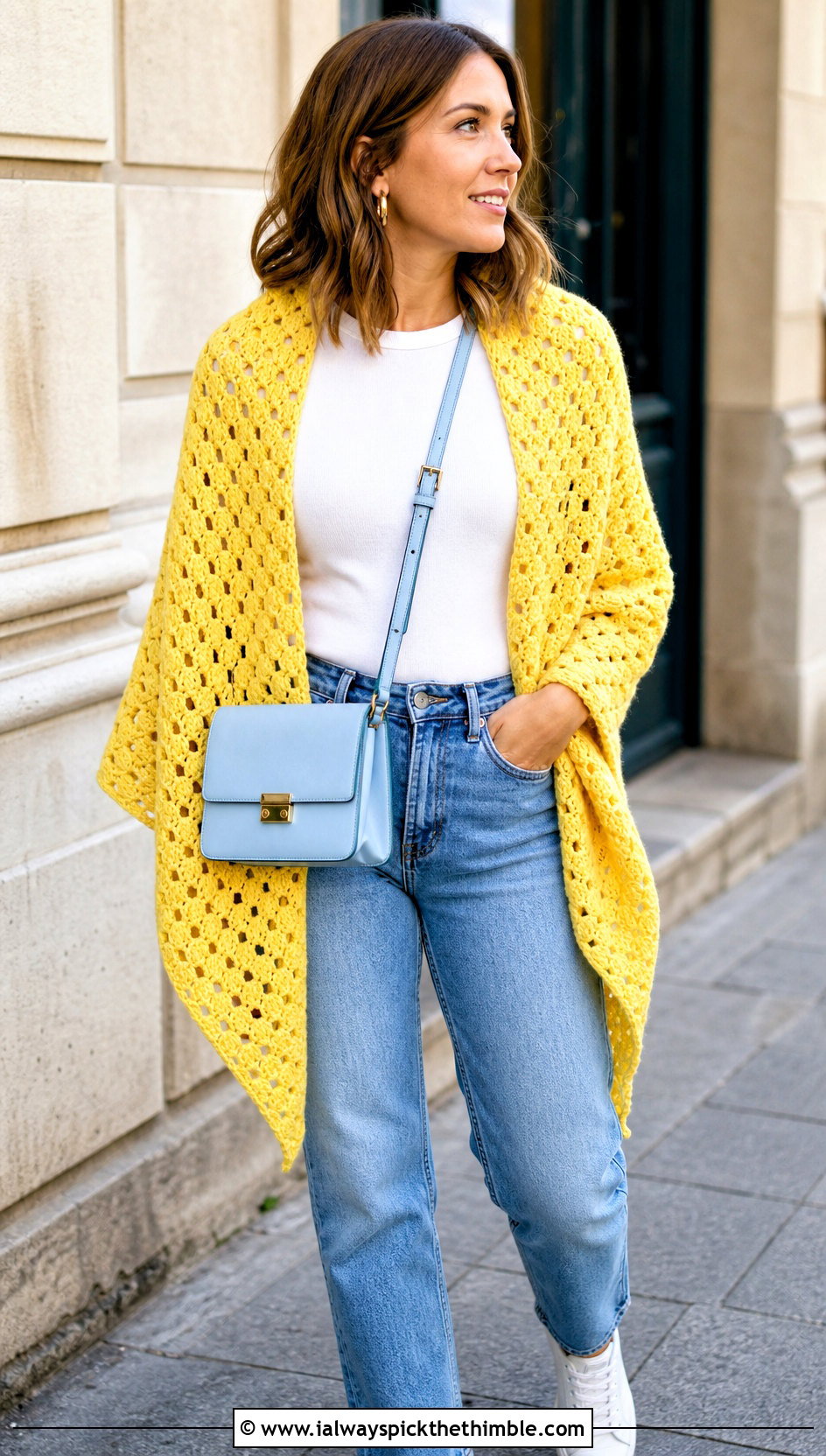 Triangle Granny Stitch Shawl With Jeans - 15 Granny Crochet Shawl outfit ideas