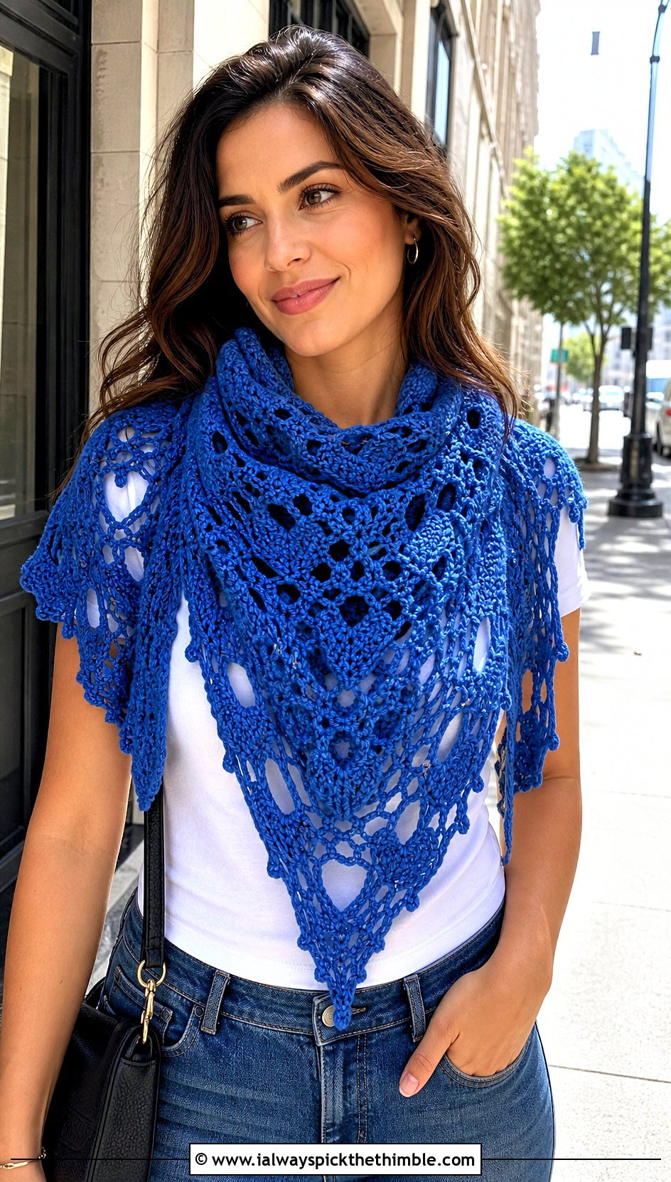 Triangle Heart Crochet Shawl With Straight Leg Jeans - 20 Heart Crochet Shawl outfit ideas