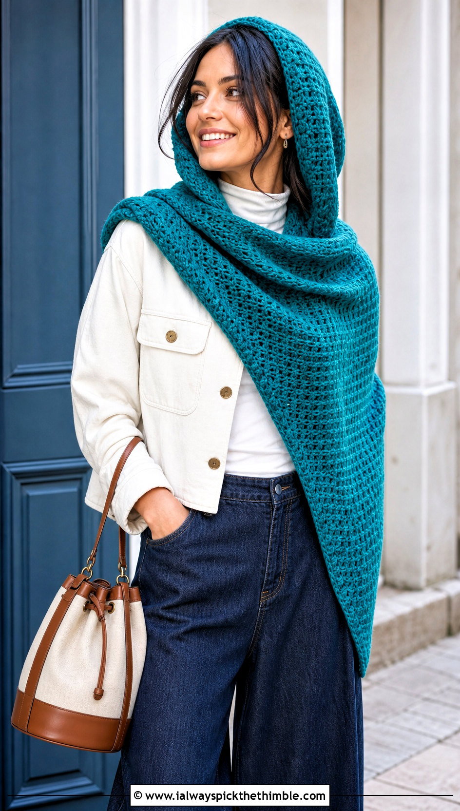 Triangle Hooded Shawl Scarf With Wide Leg Jeans - 20 Crochet Hoodie Scarf outfit ideas