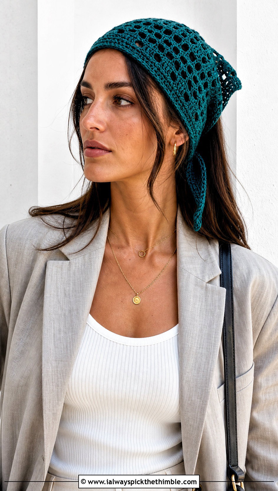 Triangle Kerchief Crochet Headband With Linen Suit - 20 boho crochet headband outfit ideas