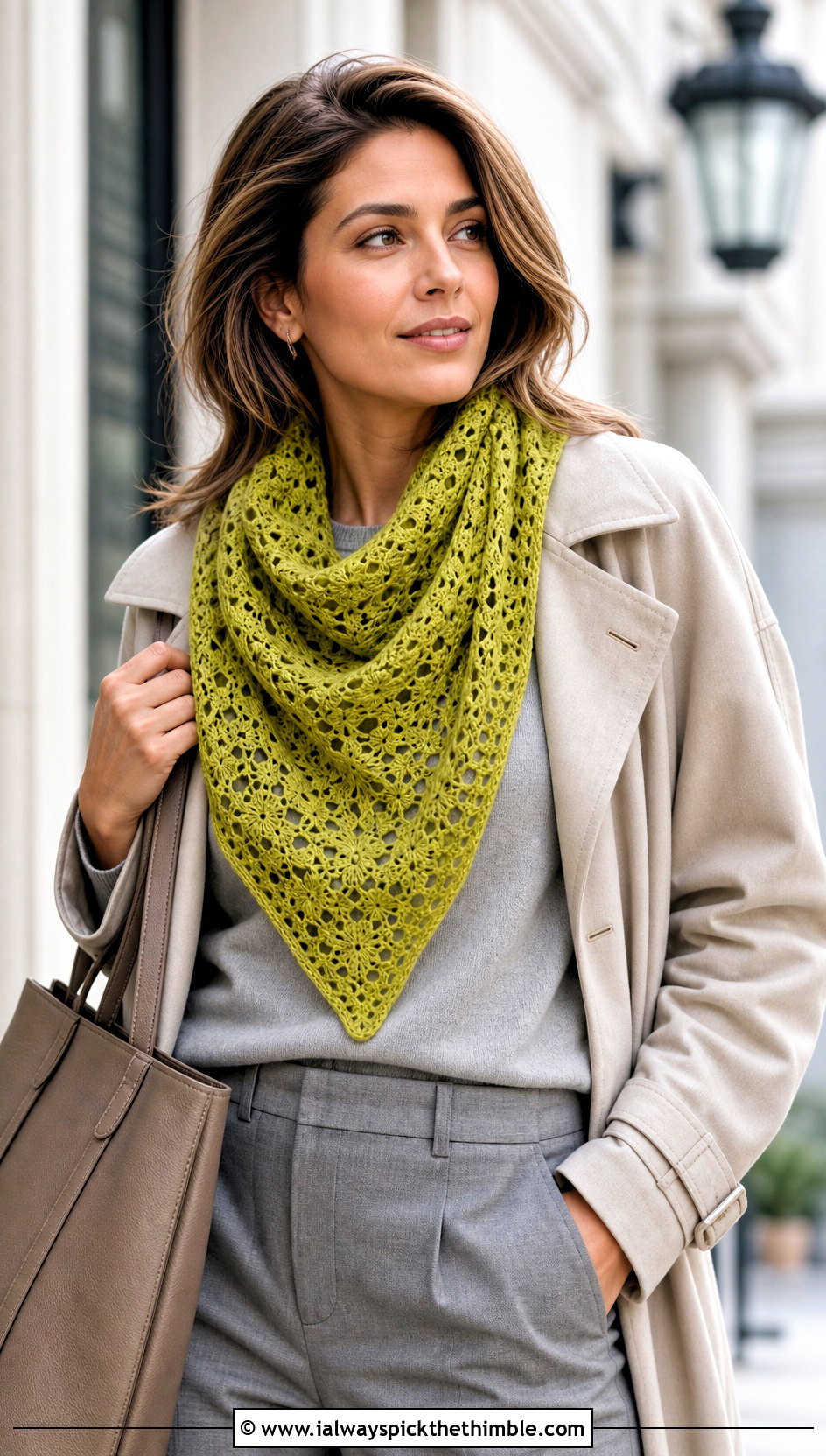 Triangle Lace Crochet Scarf With Trench And Trousers - 15 Lacy Crochet Scarf outfit ideas