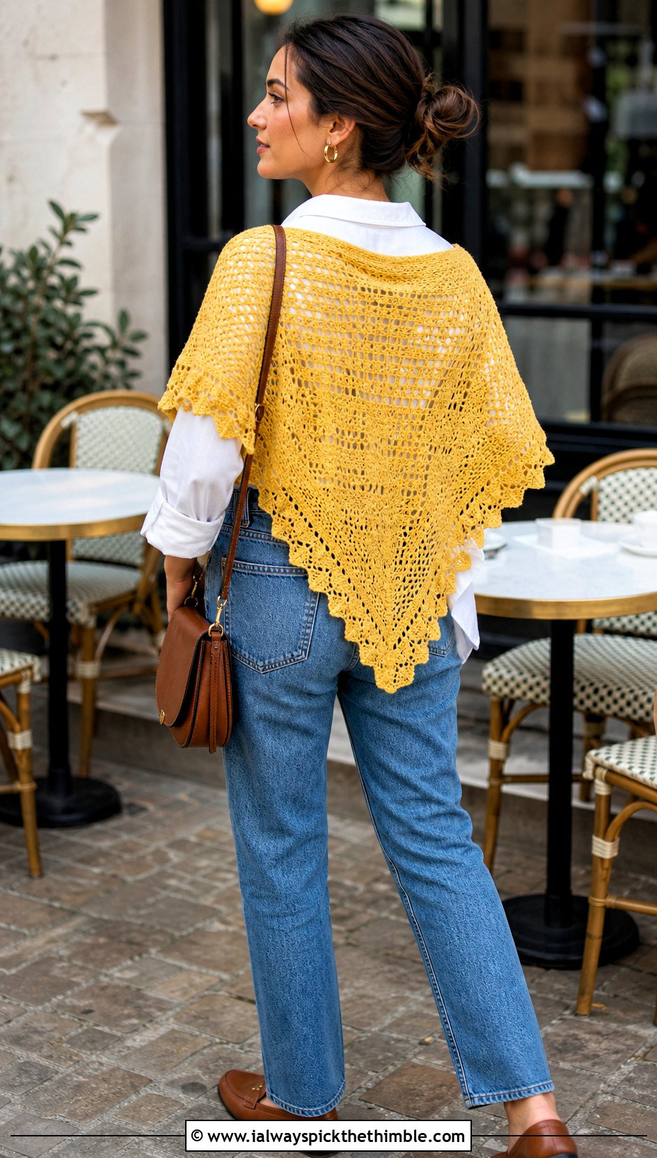 Triangle Lace Crochet Shawl With White Shirt And Jeans - 20 Lacey Crochet Shawls outfit ideas
