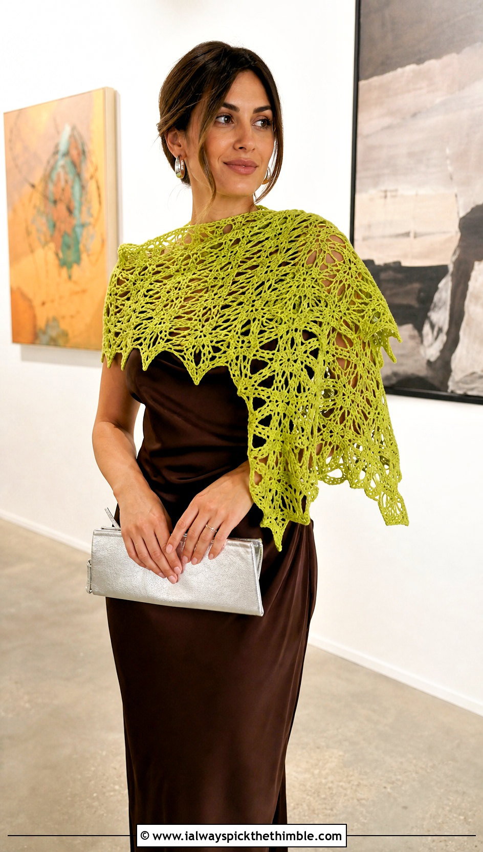 Triangle Lace Green Crochet Scarf With Satin Midi Dress - 15 Lacy Green Crochet Scarf outfit ideas