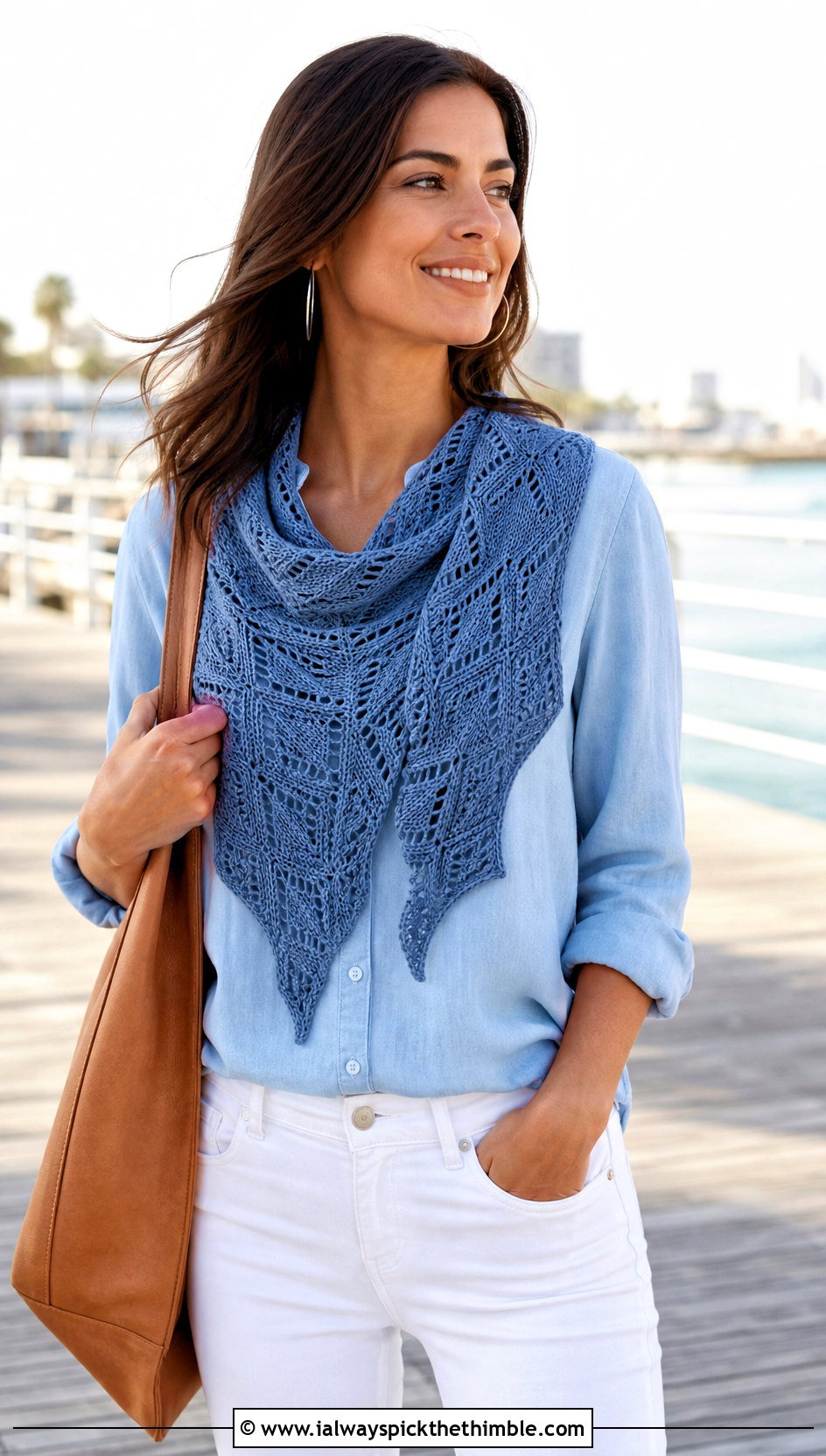 Triangle Leaf Shawlette Scarf With Chambray Shirt - 20 crochet leaf scarf outfit ideas