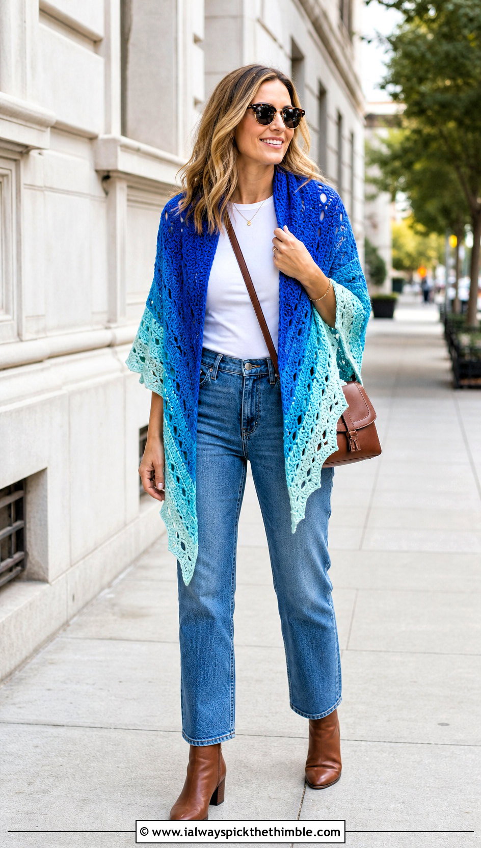 Triangle Mandala Yarn Crochet Shawl With Straight Leg Jeans - 15 Crochet Shawl Mandala Yarn outfit ideas