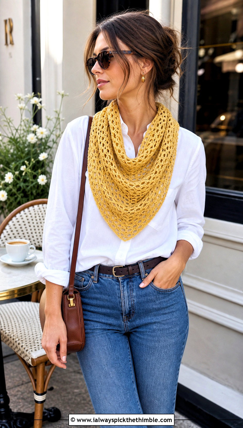 Triangle Mesh Crochet Lace Scarf With White Shirt And Jeans - 25 crochet lace scarf outfit ideas