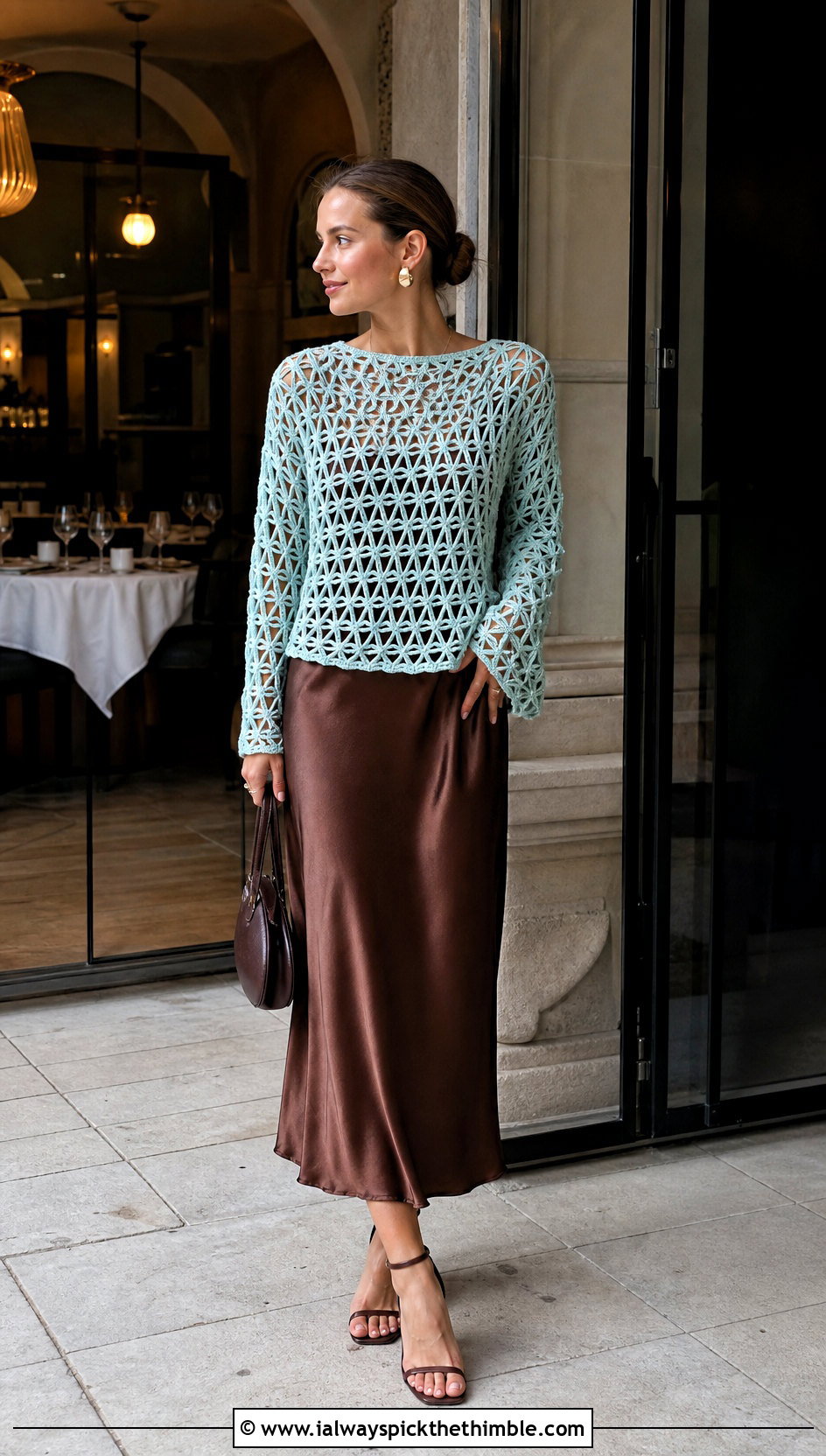 Triangle Mesh Crochet Sweater With Slip Dress - 15 triangle crochet sweater outfit ideas