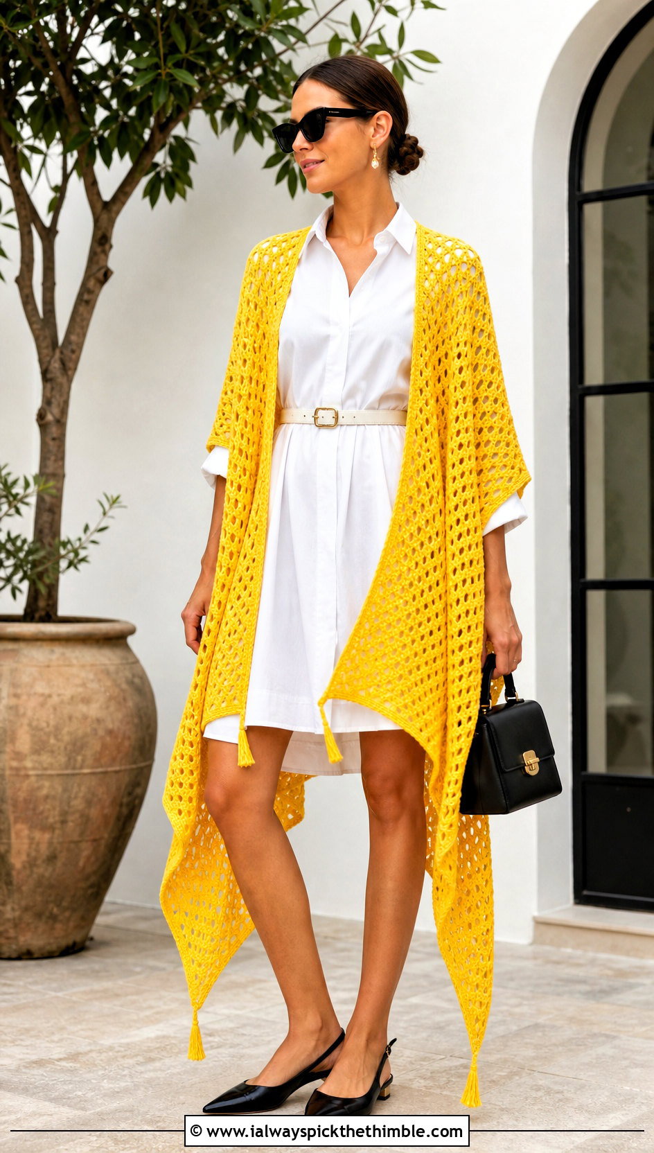 Triangle Mesh Crochet Wrap With White Shirt Dress - 20 crochet summer wrap outfit ideas
