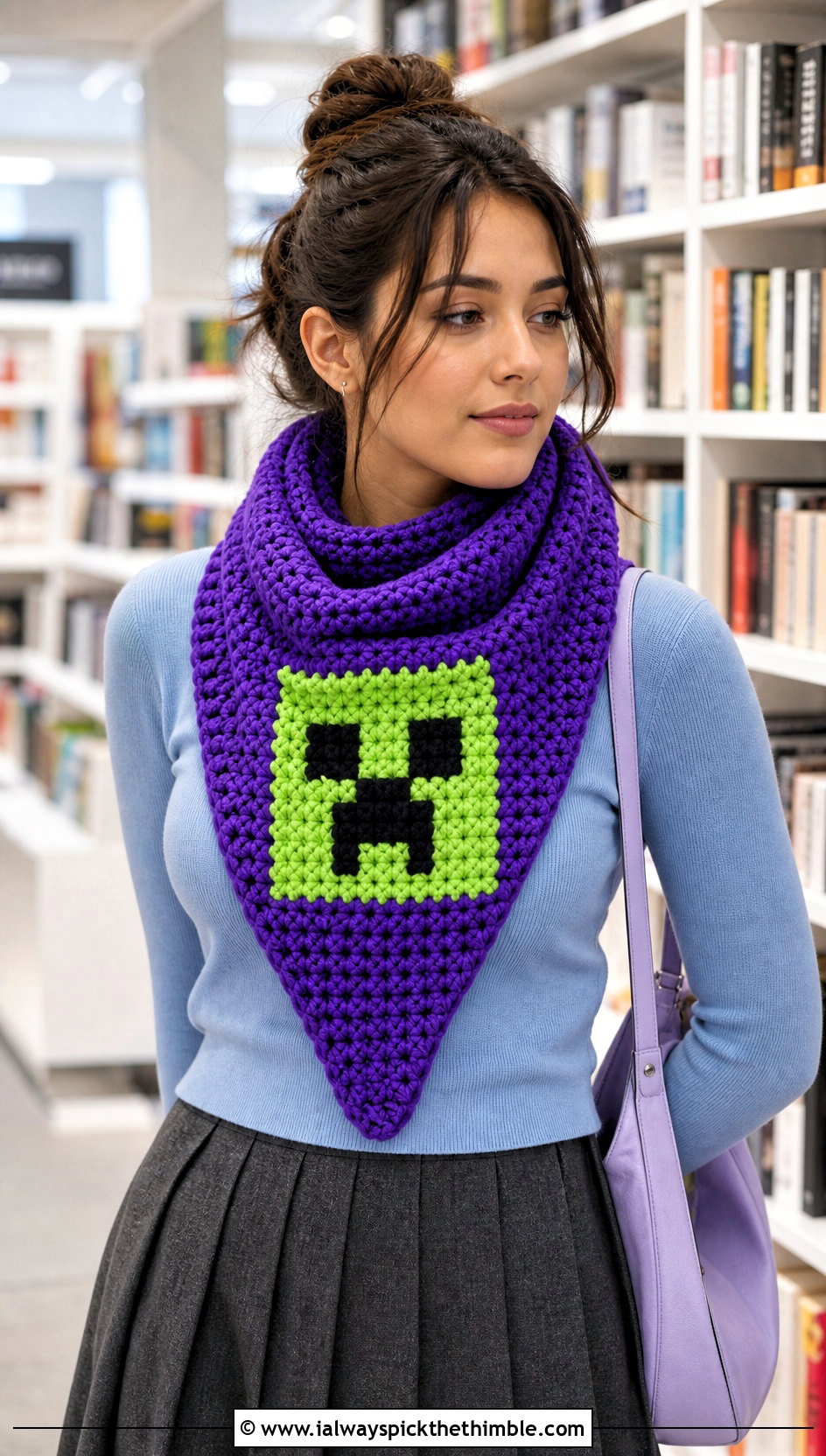 Triangle Minecraft Creeper Crochet Scarf With Sweater And Midi Skirt - 15 minecraft creeper crochet scarf outfit ideas