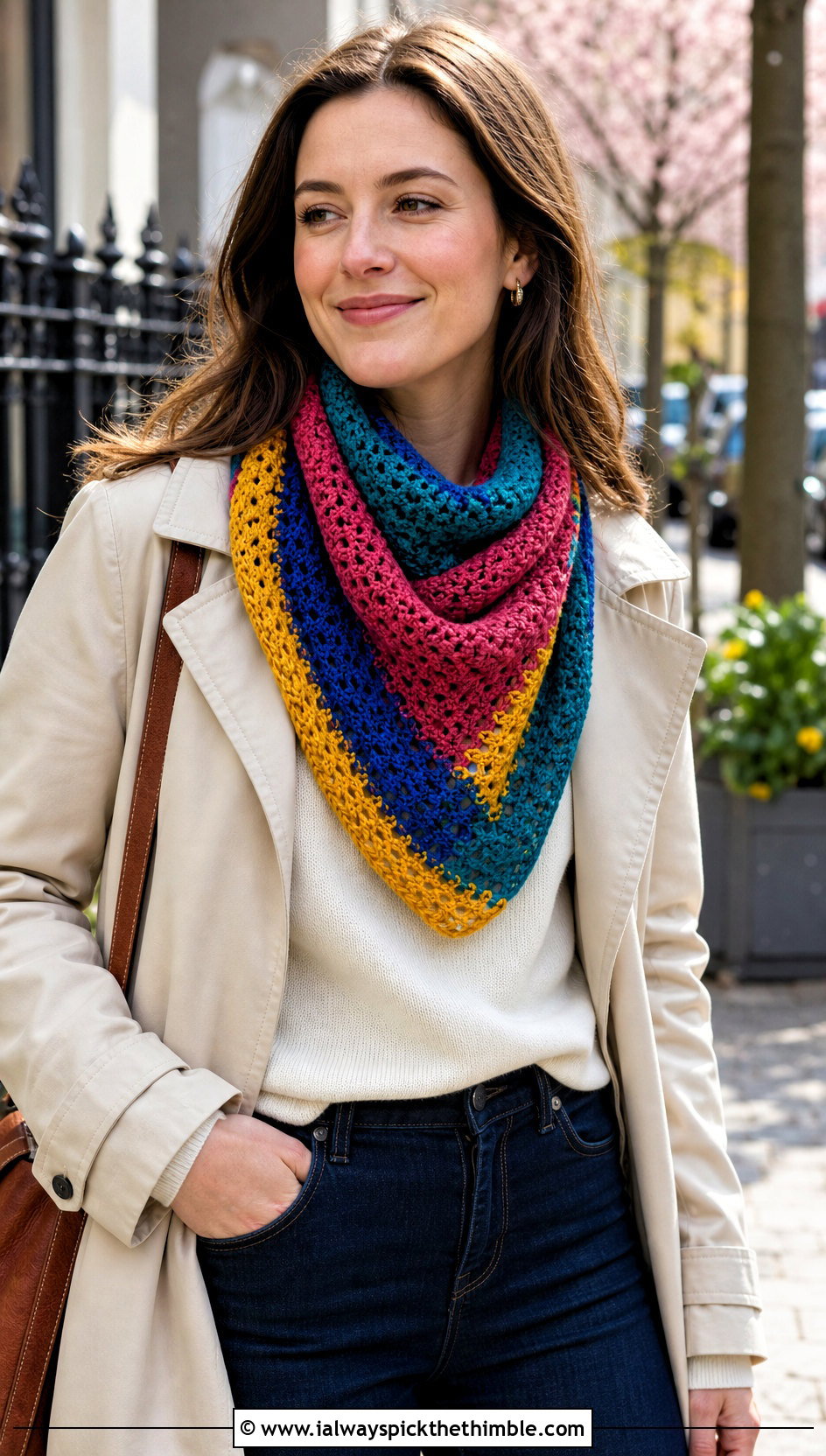 Triangle Mood Scarf With Trench Coat - 15 Crochet Mood Scarf outfit ideas