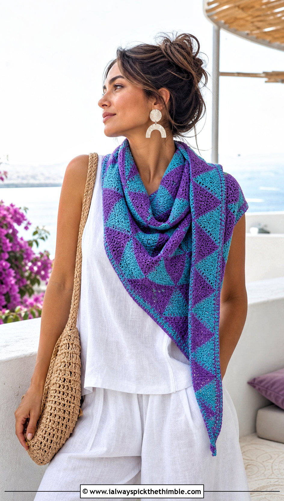 Triangle Mosaic Crochet Shawl Scarf With Linen Outfit - 20 Mosaic Crochet Scarf outfit ideas