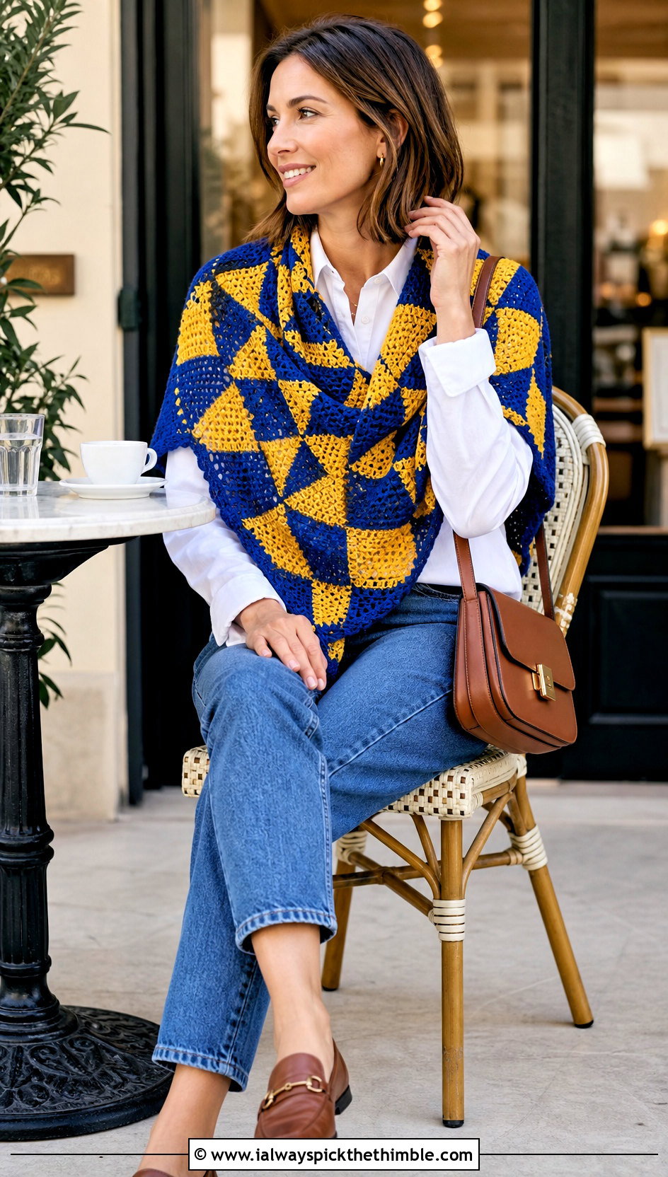 Triangle Mosaic Crochet Shawl With White Shirt And Jeans - 20 mosaic crochet shawl outfit ideas