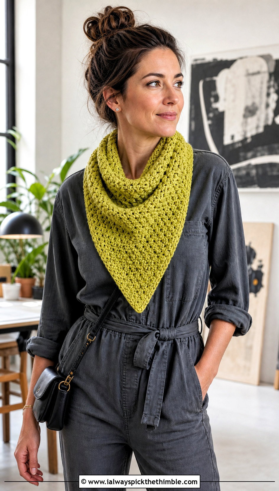 Triangle Moss Stitch Crochet Scarf With Utility Jumpsuit - 20 Moss Stitch Crochet Scarf outfit ideas