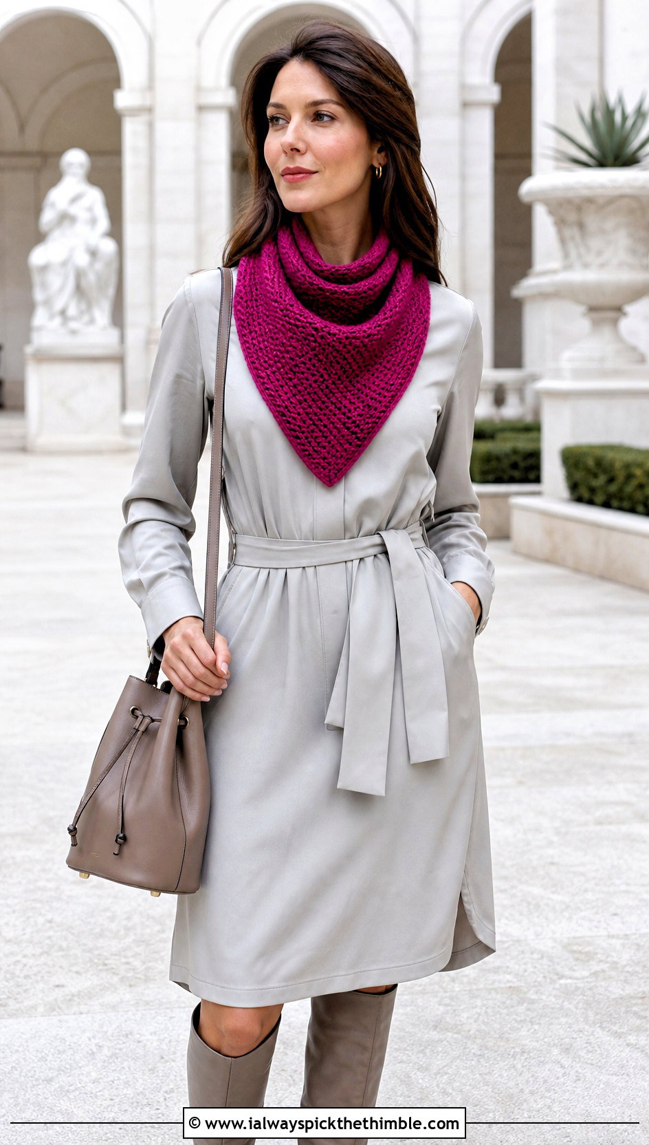 Triangle Moss Stitch Scarf With A Shirt Dress - 25 crochet moss stitch scarf outfit ideas