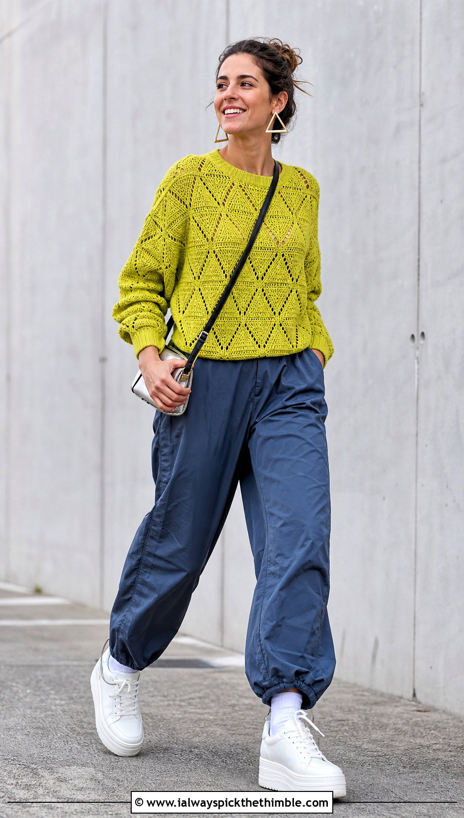 Triangle Motif Crochet Sweater With Parachute Pants - 15 crochet sweater with geometric outfit ideas