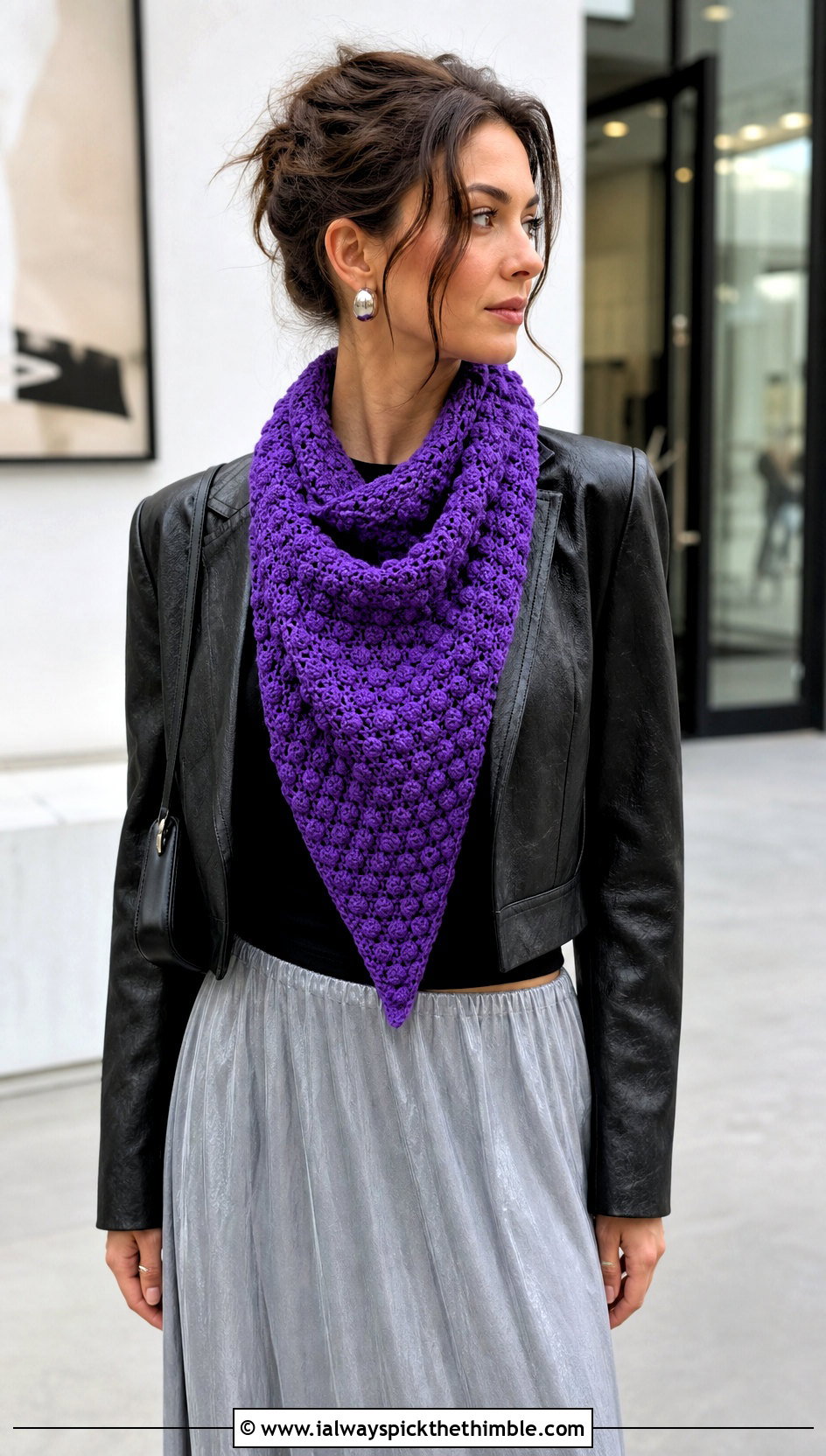 Triangle One Ball Crochet Scarf With Leather Jacket And Maxi Skirt - 15 one ball crochet scarf outfit ideas