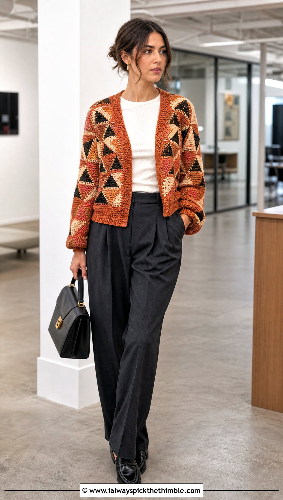 Triangle Patchwork Crochet Sweater With Tailored Trousers - 15 triangle crochet sweater outfit ideas