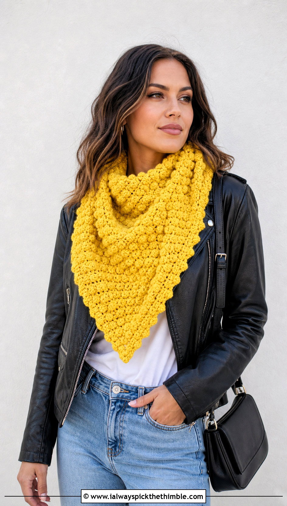 Triangle Popcorn Crochet Scarf With Leather Jacket - 20 Popcorn Crochet Scarf outfit ideas