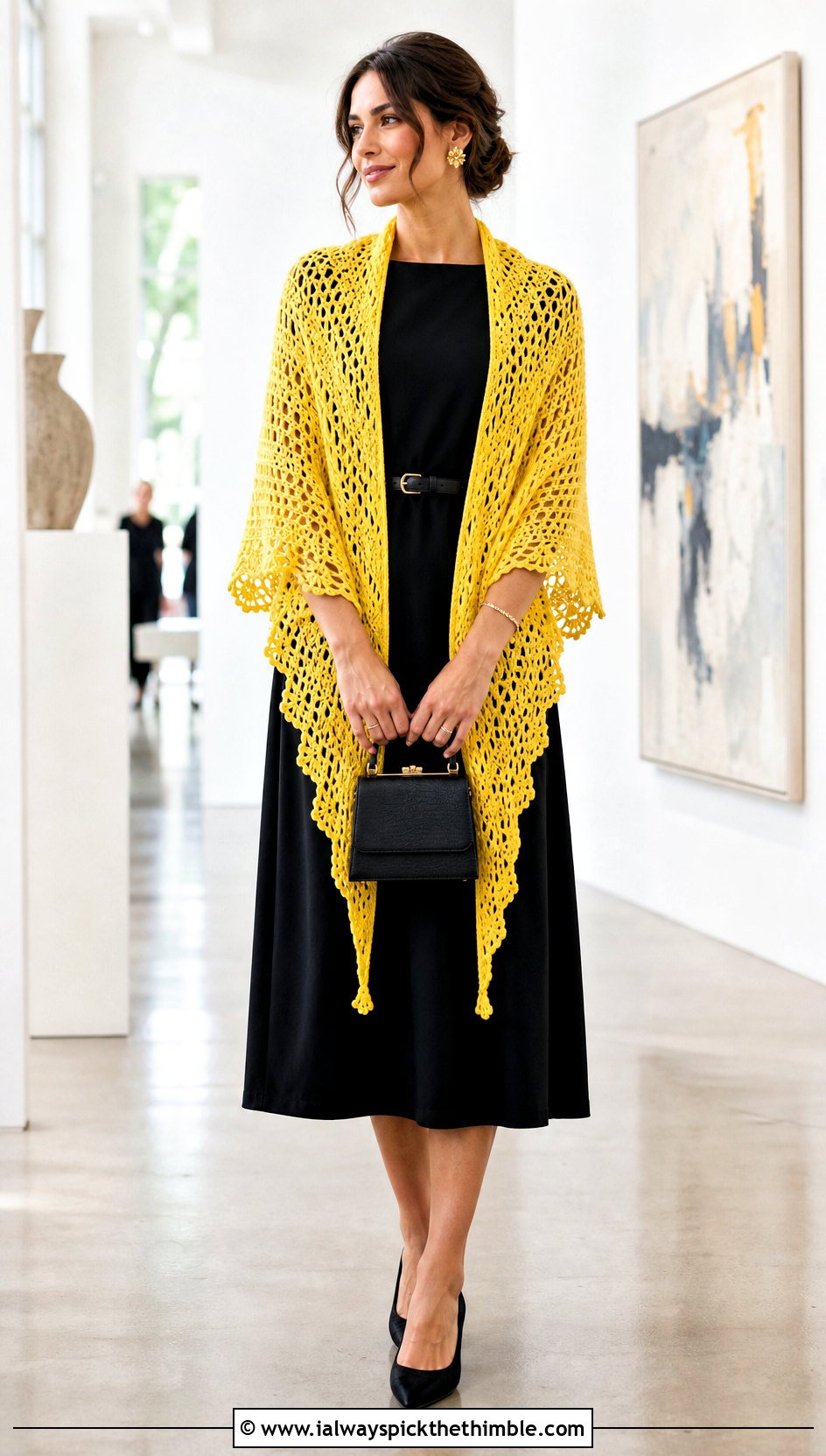 Triangle Prayer Shawl With Black Midi Dress - 25 crochet prayer shawl outfit ideas