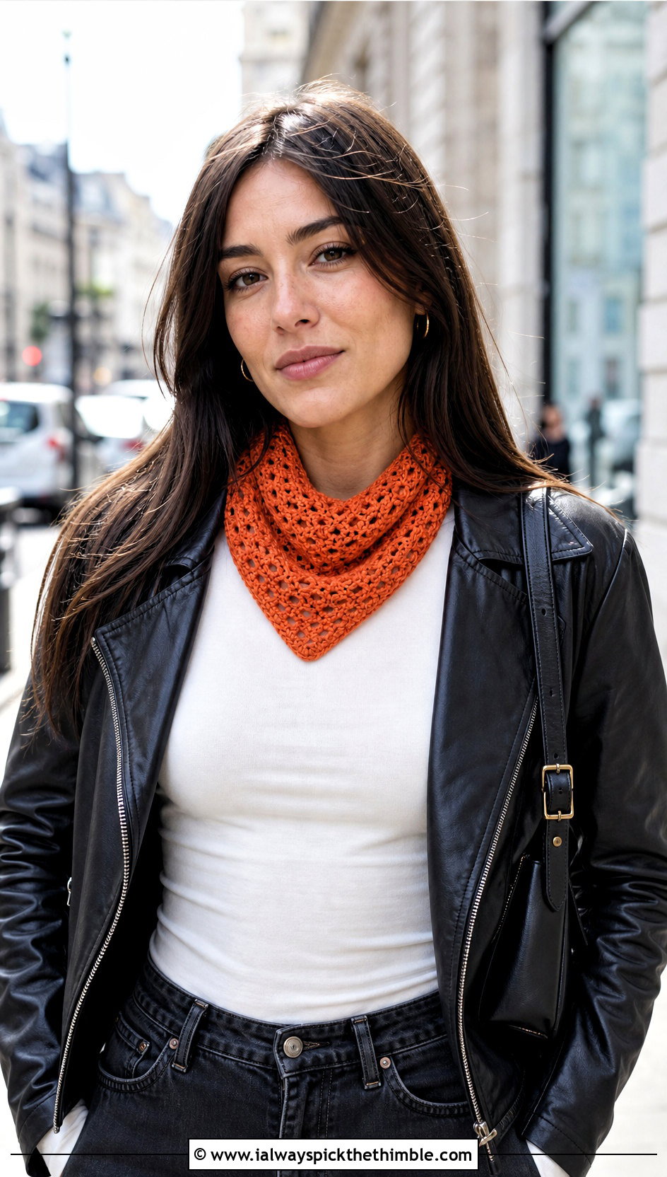 Triangle Profile Mini Crochet Scarf With Leather Jacket - 20 mini crochet scarf outfit ideas