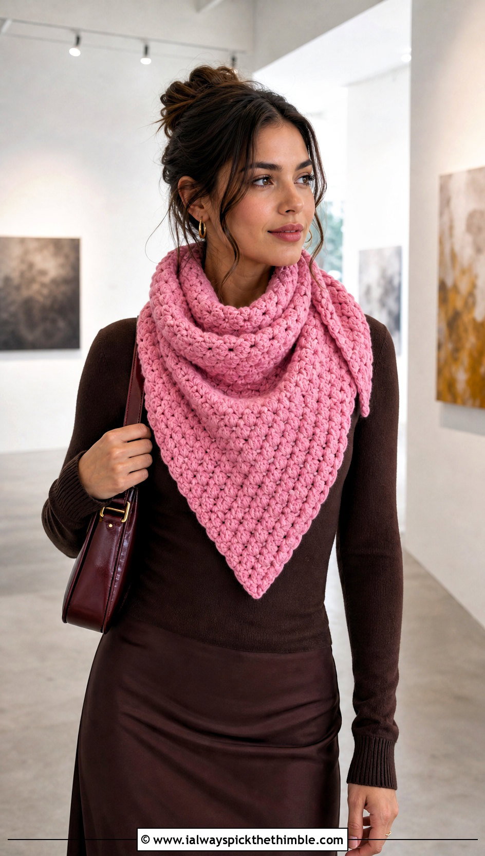 Triangle Puff Scarf With Satin Skirt - 15 Playful Puffs Crochet Scarf outfit ideas