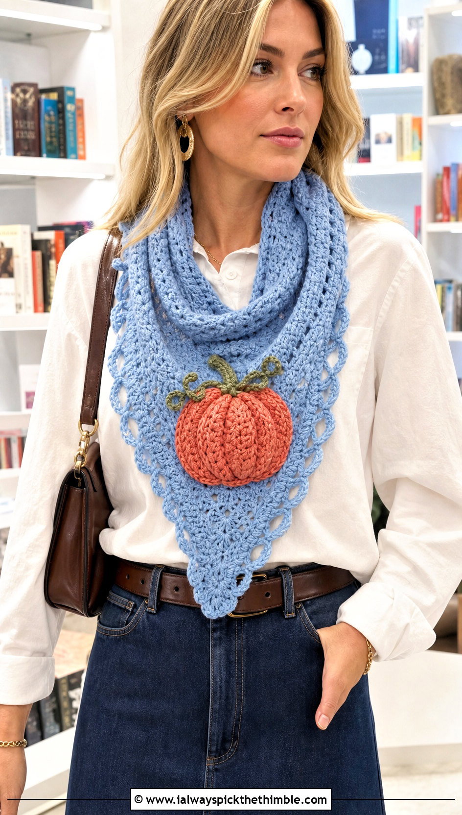 Triangle Pumpkin Crochet Scarf With Button Down Shirt - 15 crochet pumpkin scarf outfit ideas
