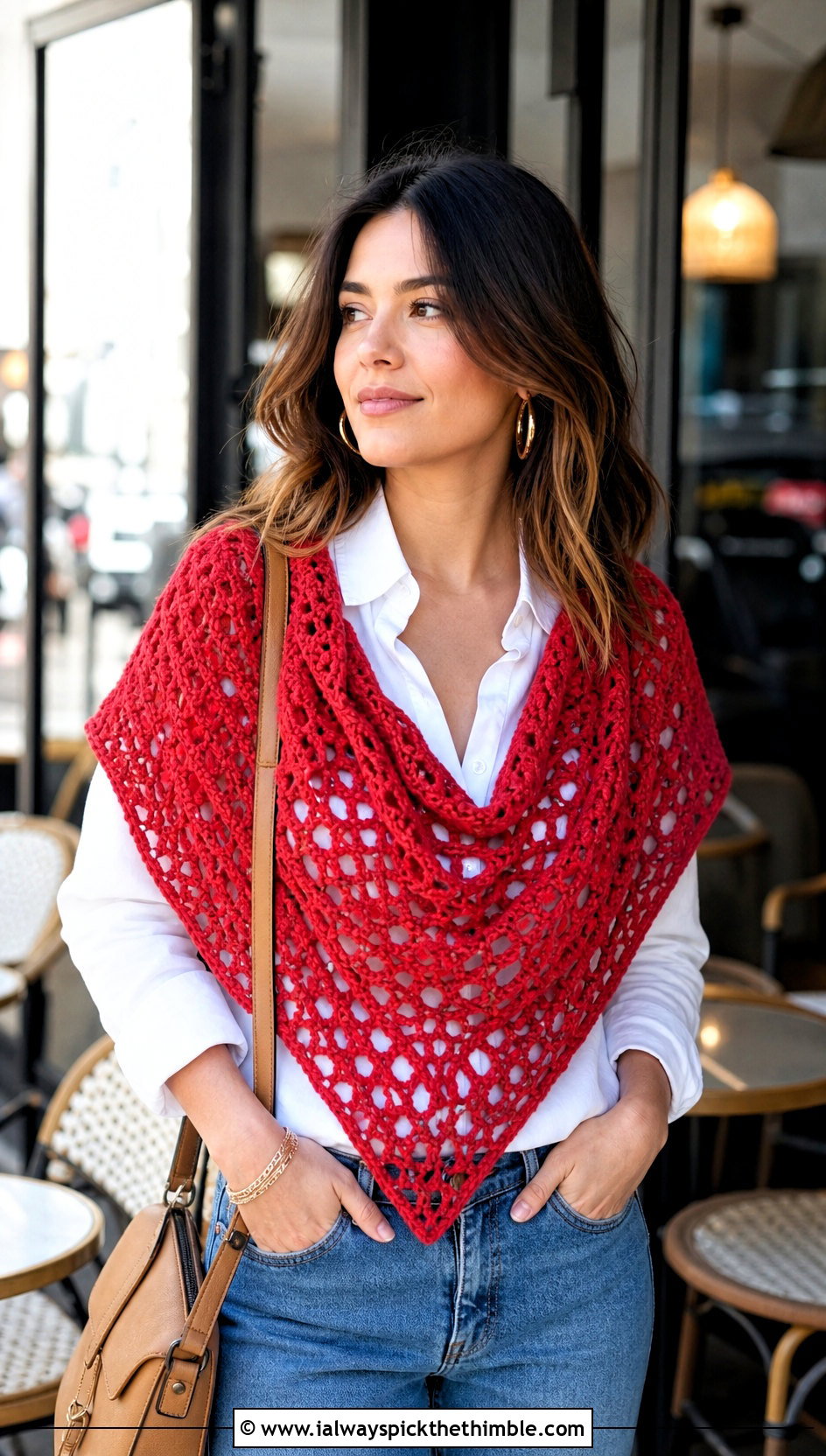 Triangle Red Crochet Shawl With White Shirt And Jeans - 15 red crochet shawl outfit ideas