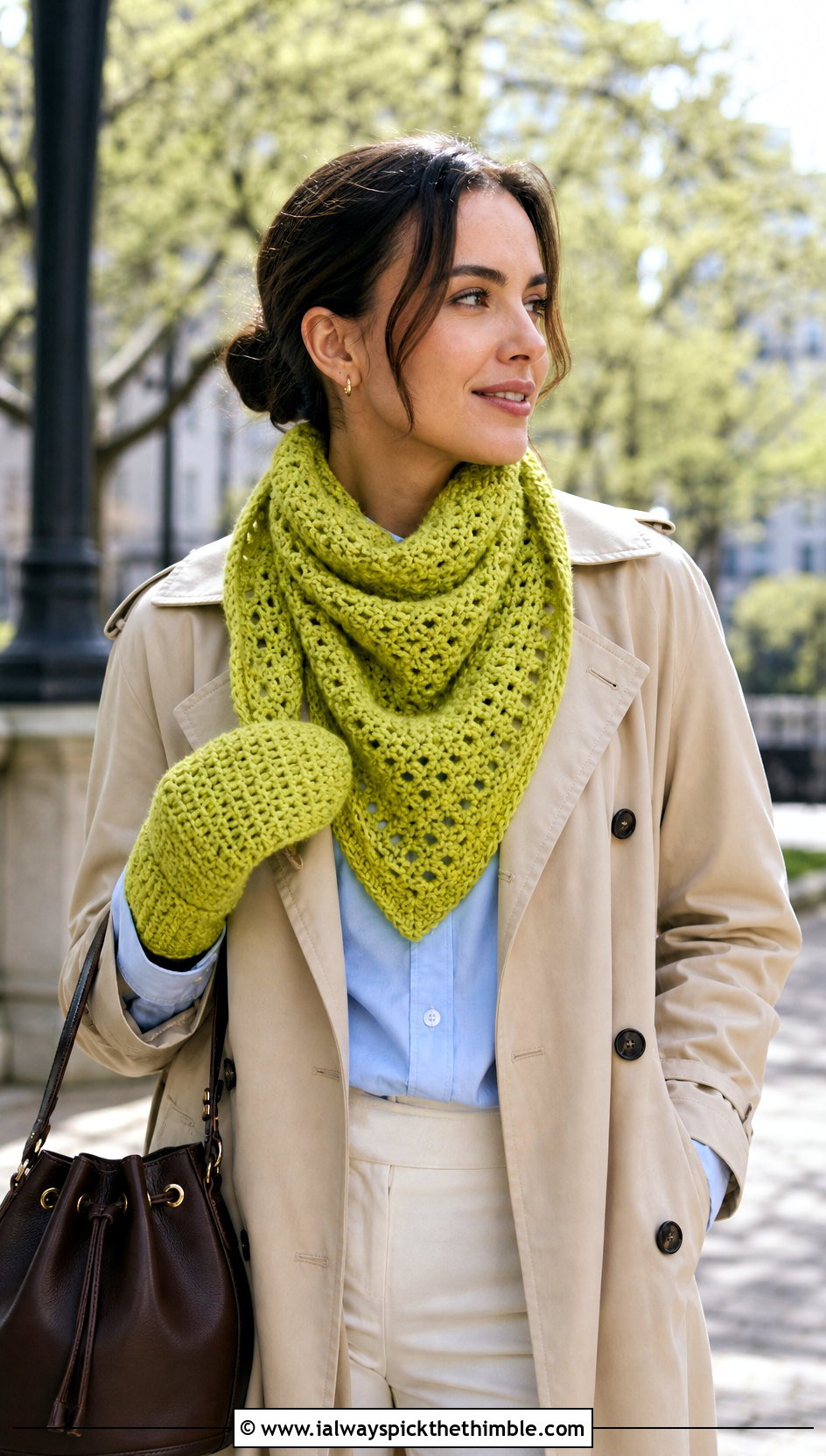 Triangle Scarf And Textured Mittens With Trench Coat - 15 Crochet Scarf And Mittens Set outfit ideas