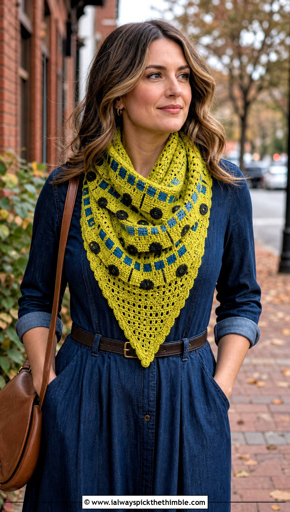 Triangle School Bus Scarf With Denim Midi Dress - 20 Crochet School Bus Scarf outfit ideas
