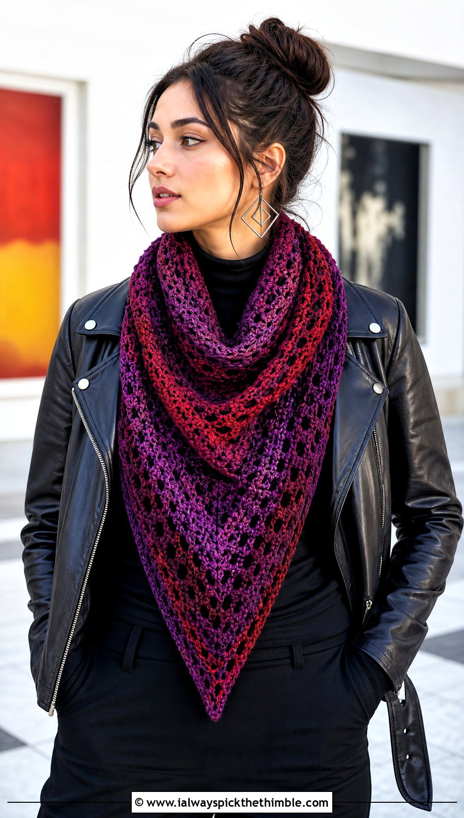 Triangle Shawl Variegated Crochet Scarf With Leather Jacket - 20 Variegated Yarn Crochet Scarf outfit ideas
