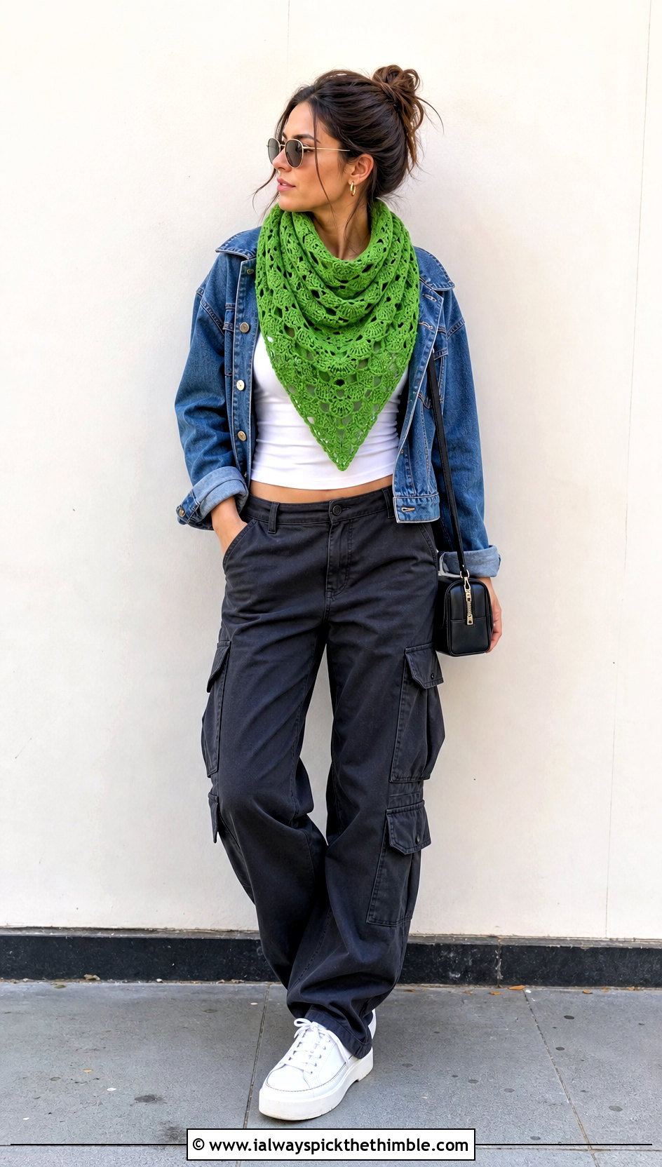 Triangle Shell Scarf With Denim Jacket And Cargo Pants - 20 crochet shell scarf outfit ideas