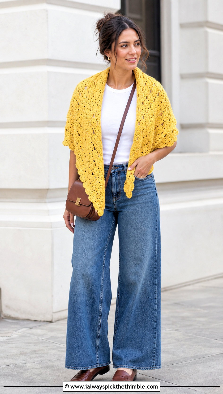 Triangle Shell Shawl With Wide Leg Jeans - 20 Crochet Shell Shawl outfit ideas