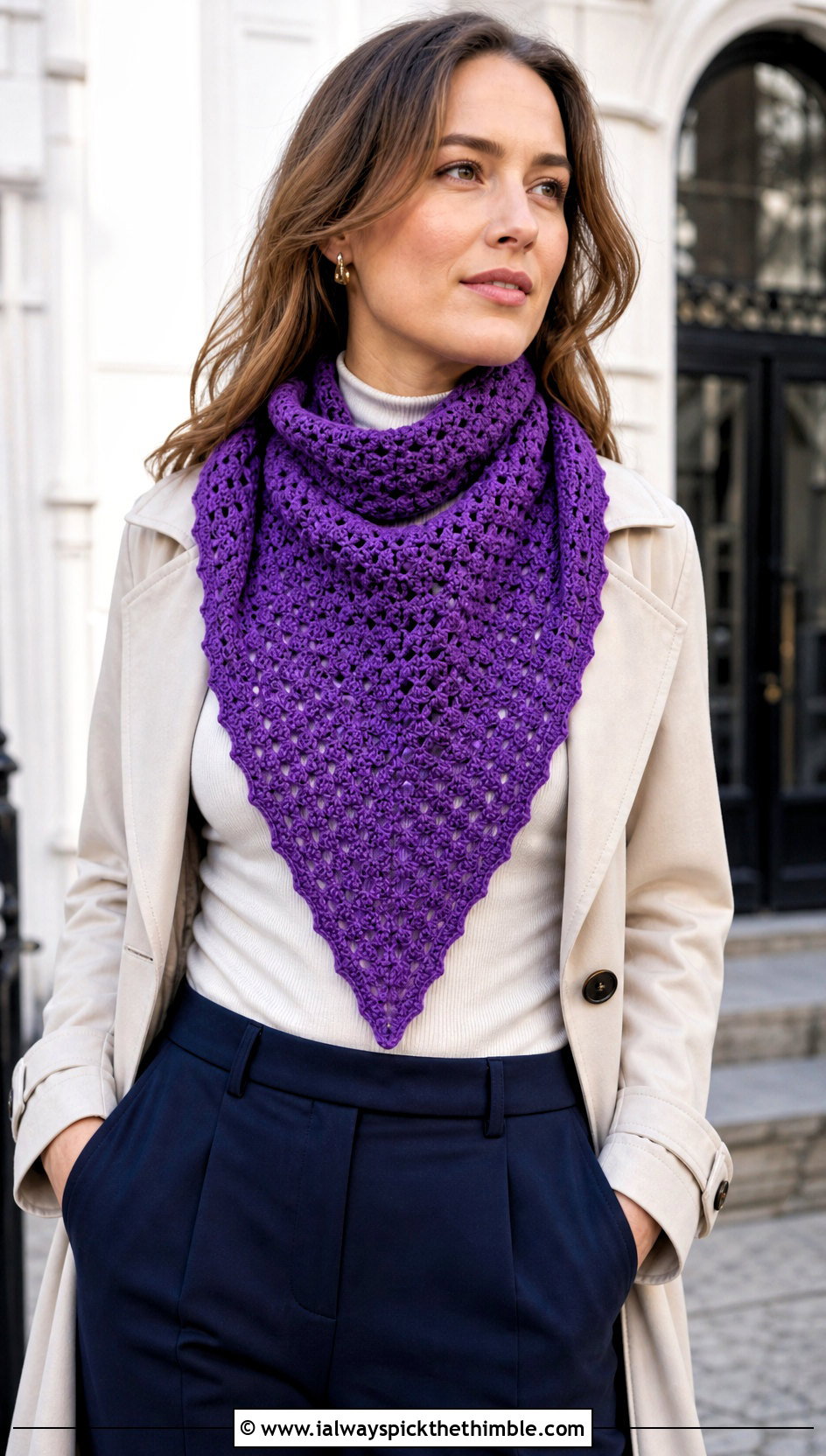 Triangle Shell Stitch Scarf With Trench Coat And Loafers - 20 Shell Crochet Scarf outfit ideas