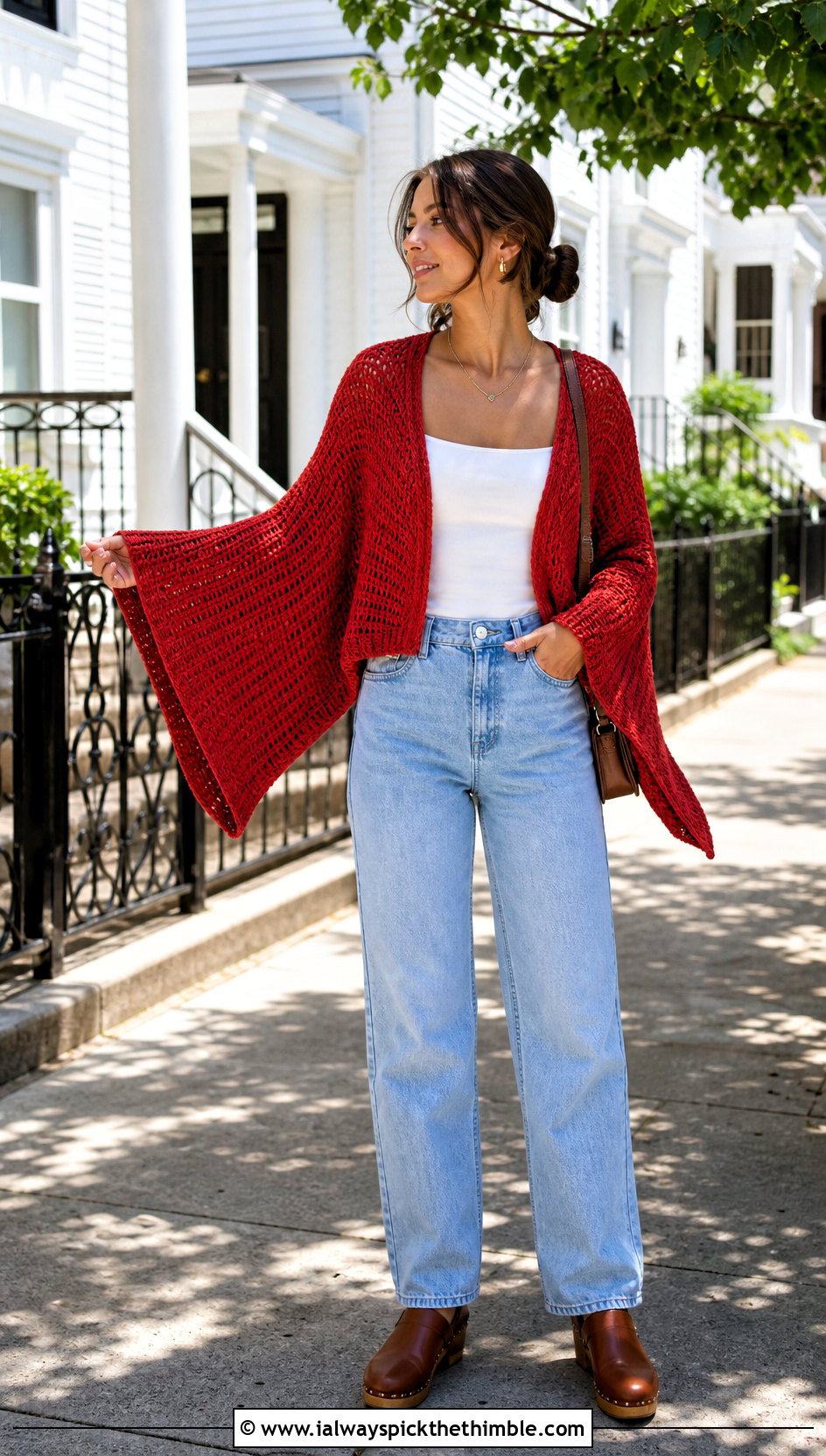 Triangle Sleeve Crochet Sweater With Straight Leg Jeans - 15 triangle crochet sweater outfit ideas