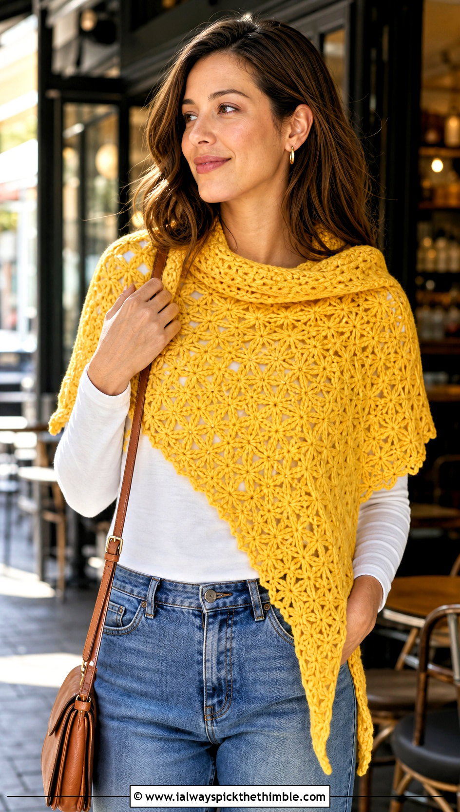 Triangle Star Stitch Crochet Shawl With Jeans - 20 star crochet shawl outfit ideas