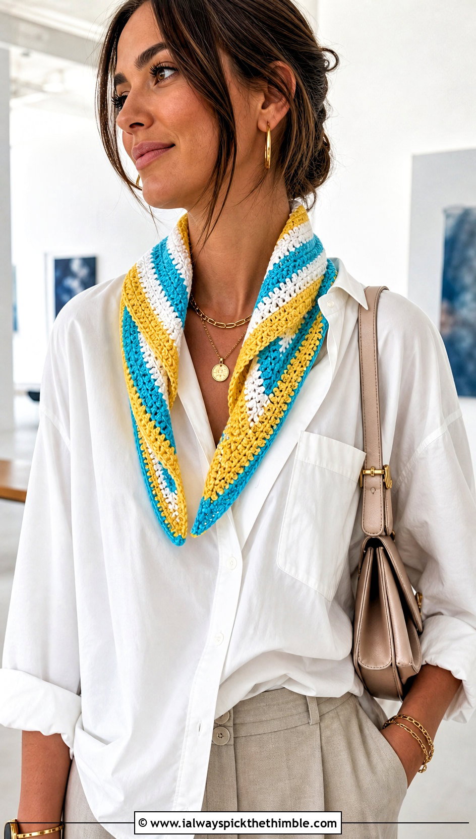 Triangle Stripe Crochet Scarf With Wide Leg Trousers - 20 Stripe Crochet Scarf outfit ideas