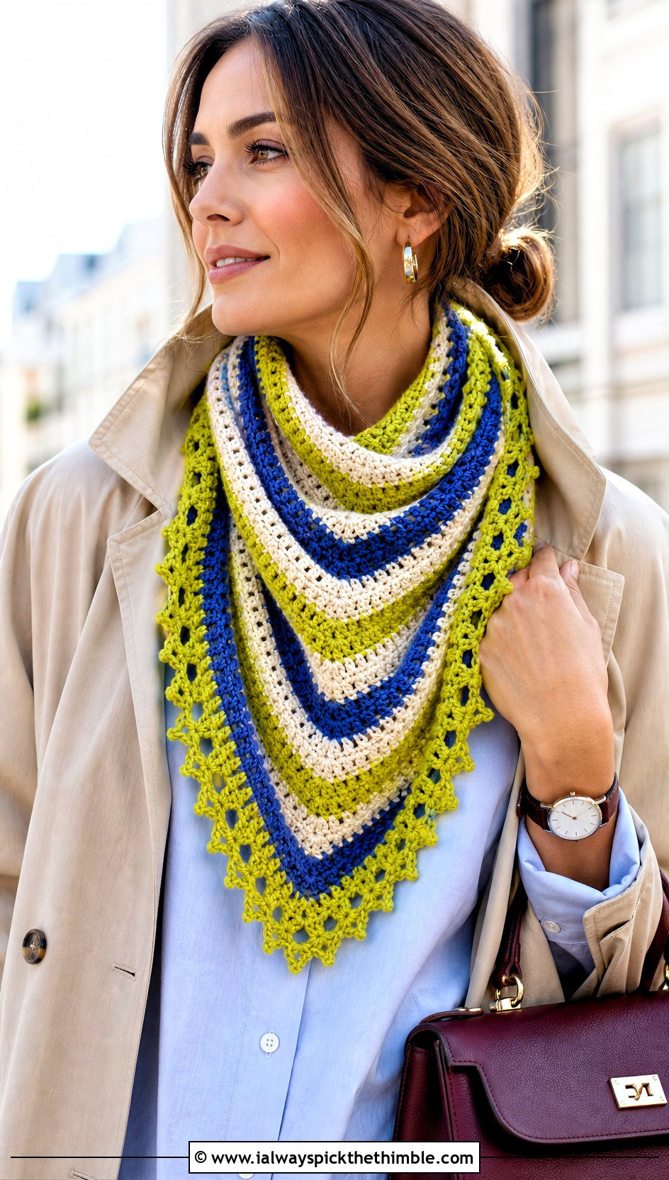 Triangle Striped Crochet Scarf With Trench Coat - 20 striped crochet scarf outfit ideas