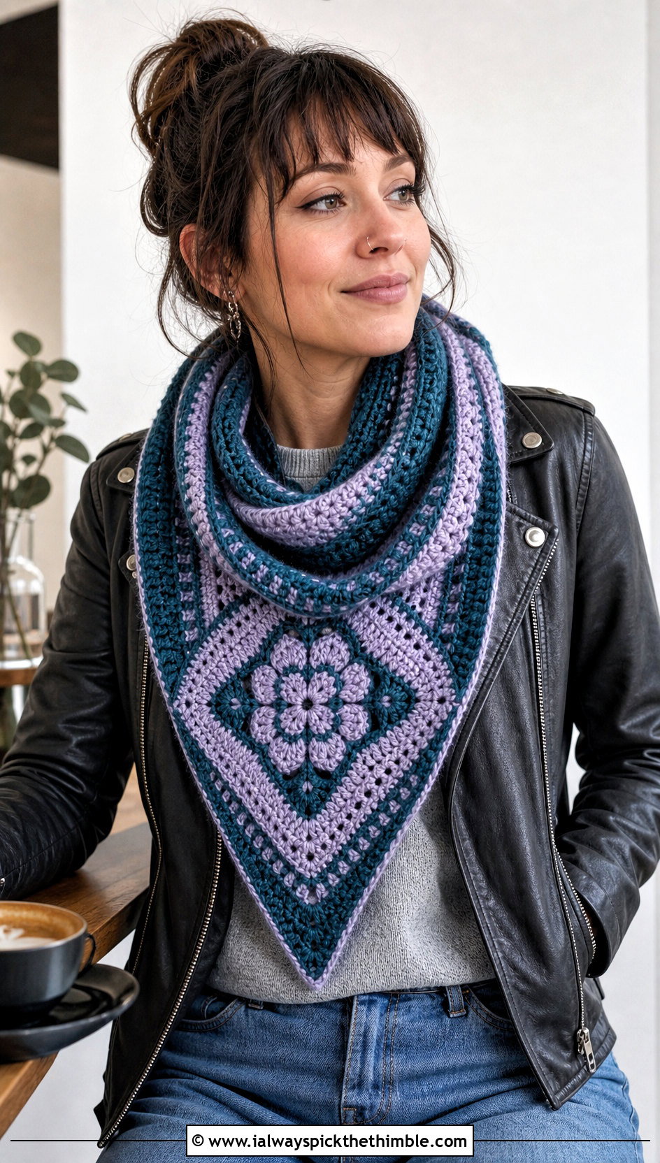 Triangle Tapestry Crochet Scarf With Leather Jacket - 25 tapestry crochet scarf outfit ideas